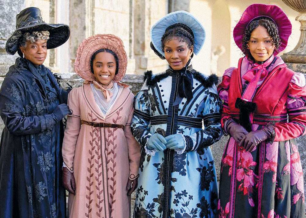 Sense and Sensibility on W Network. Pictured: the cast including third and fourth from left, Deborah Ayorinde, Bethany Antonia