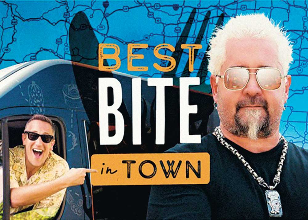 Best Bite in Town on Food Network Canada. Pictured: Noah Cape and Guy Fieri.