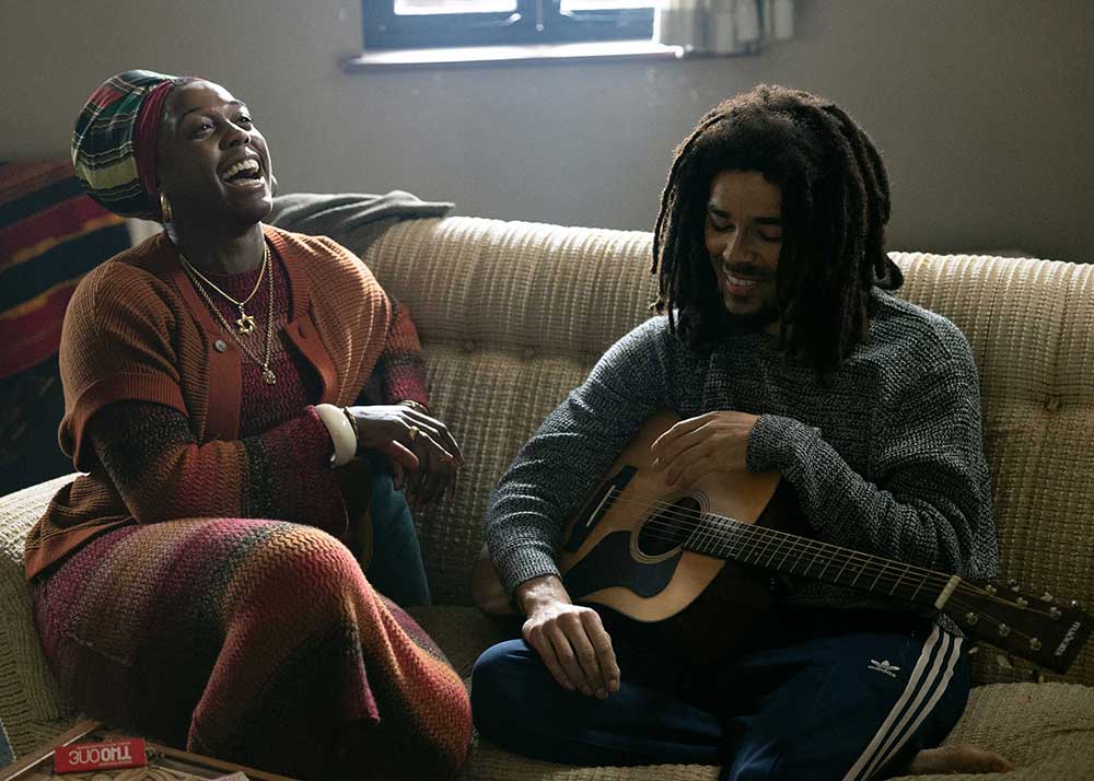 Bob Marley: One Love, on Paramount+ & Cable On-Demand. Pictured: Lashana Lynch and Kingsley Ben-Adir.