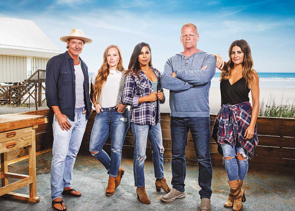 Battle on the Beach on HGTV. Pictured: Ty Pennington, Alison Victoria, Mike Holmes, Taniya Nayak.