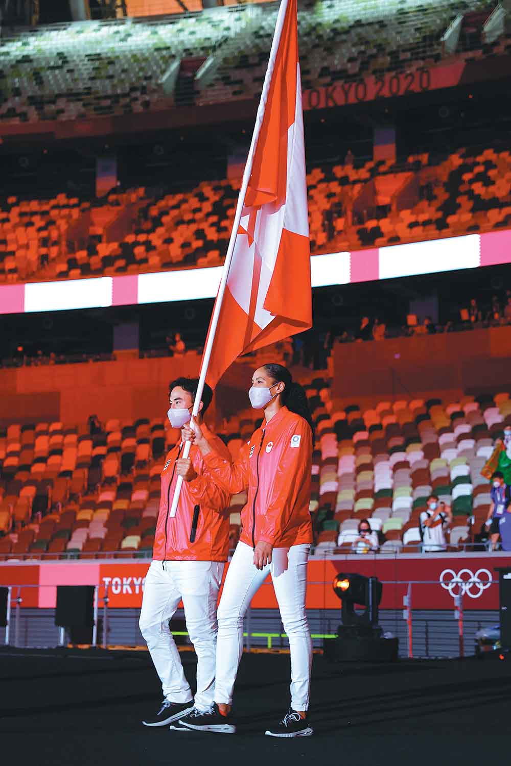 Photo caption: 2024 Paris Olympic Games: Opening Ceremony. Pictured: Flag bearers Nathan Hirayama and Miranda Ayim from the 2020 Tokyo Olympics.