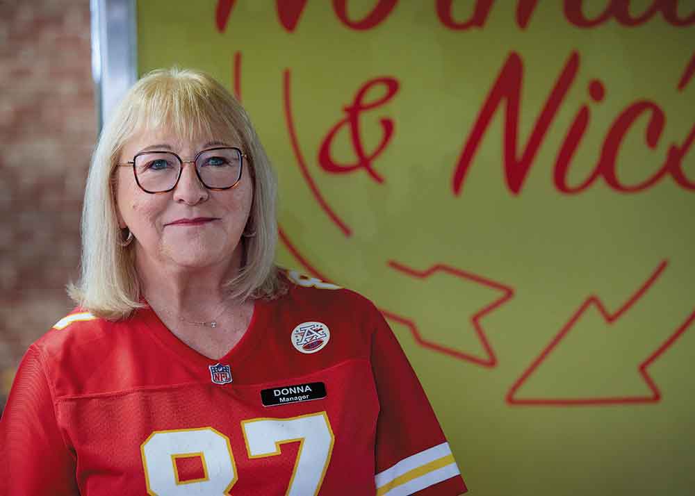 Holiday Touchdown: A Chiefs’ Love Story on W Network. Pictured: Donna Kelce, mother of 
Chiefs star Travis Kelce, makes her acting debut in Holiday Touchdown.