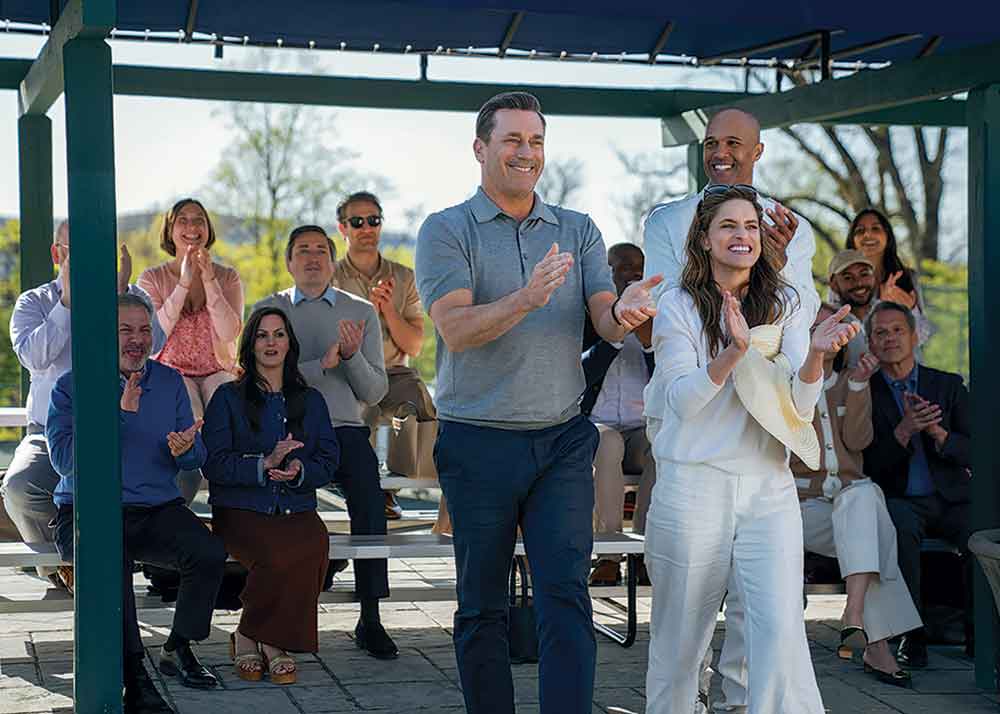 Your Friends & Neighbors on Apple TV+. Pictured: Andrew “Coop” Cooper (Jon Hamm) with ex-wife Mel (Amanda Peet), alongside her new beau and his former best friend, Nick (Mark Tallman).