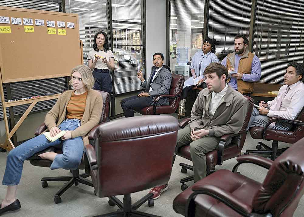 L-R: Mare (Chelsea Frei), Nicole (Ramona Young), Detrick (Melvin Gregg), Adelola (Gbemisola Ikumelo), Adam (Alex Edelman), Travis (Eric Rahill) and Oscar (Oscar Nuñez).