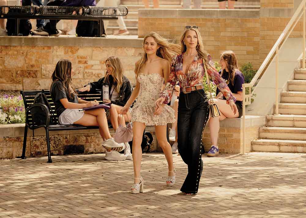 Landman on Paramount+. Pictured: Tommy’s ex-wife Angela (Ali Larter) and daughter Ainsley (Michelle Randolph).