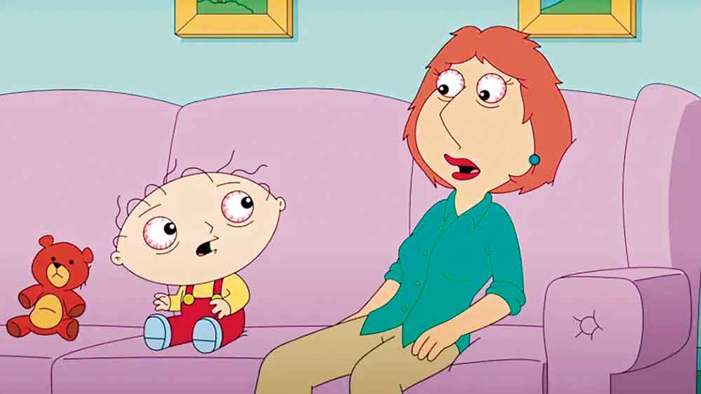 Family Guy on City & Fox. Pictured: The relationship between mom Lois (Alex Borstein) and son Stewie (Seth MacFarlane) expands in some THC-fuelled directions in Family Guy’s 450th episode.