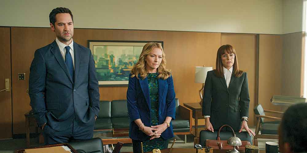 The Lincoln Lawyer on Netflix. Pictured (left to right): Mickey Haller (Manuel García-Rulfo), Lorna Crane (Becki Newton) and new addition Dana Berg (Constance Zimmer), described as “arguably the most formidable antagonist” Mickey has ever faced. 