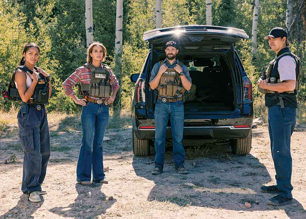 Marshals on CBS. Pictured: Kayce Dutton reluctantly joins a newly formed squad of U.S. Marshals in Montana (left to right): Ash Santos as Andrea, Arielle Kebbel as Belle, Logan Marshall-Green as Pete and Tatanka Means as Miles.